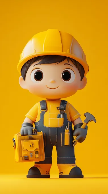 3D character design, a cartoon-style cute worker boy wearing a yellow helmet and overalls with a tool bag in his hand, simple background, full-body shot, simple style, solid-color background, simple details, Blender rendering, blind box toy, 45-degree side view, high resolution.  --s 250