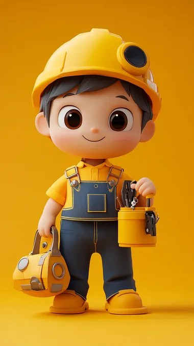 3D character design, a cartoon-style cute worker boy wearing a yellow helmet and overalls with a tool bag in his hand, simple background, full-body shot, simple style, solid-color background, simple details, Blender rendering, blind box toy, 45-degree side view, high resolution.  --s 250