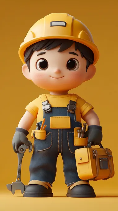 3D character design, a cartoon-style cute worker boy wearing a yellow helmet and overalls with a tool bag in his hand, simple background, full-body shot, simple style, solid-color background, simple details, Blender rendering, blind box toy, 45-degree side view, high resolution.  --s 250