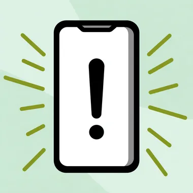 A simplified cartoon-style vector illustration, with black outlines, of a smartphone with an exclamation mark. Black, white, and light blue, with details in spring green tones. White background.