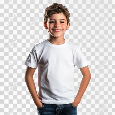 young boy wearing white colored tee shirt with jeans and with white background