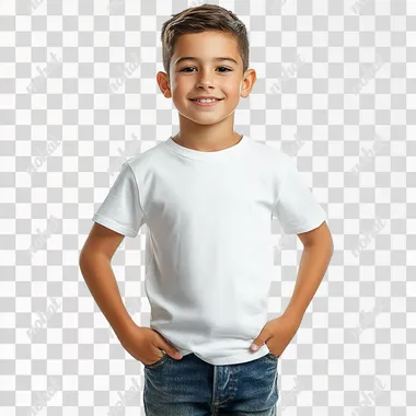 young boy wearing white colored tee shirt with jeans and with white background