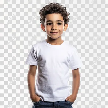 young boy wearing white colored tee shirt with jeans and with white background