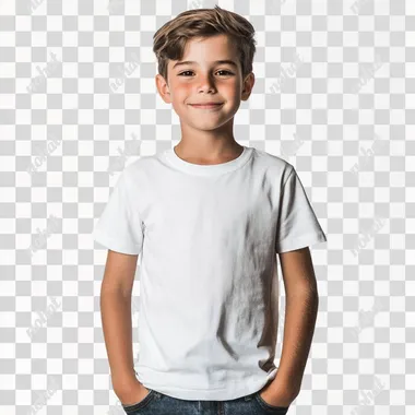 young boy wearing white colored tee shirt with jeans and with white background