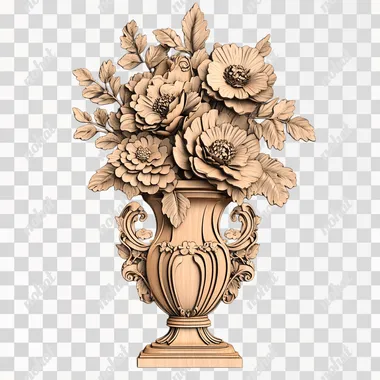 PNG IMAGE, 3D ILLUSION, WOOD CARVING, ENGRAVED, MONOTONE, MONOTRACE, FRONT VIEW,vase of flowers , CRICUT DESIGN , WOOD TONE COLOR, HIGH DETAIL, DISNEY STYLE,