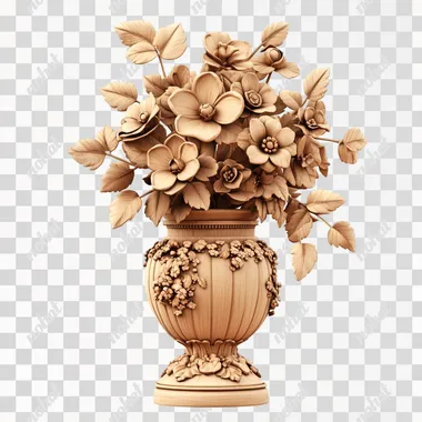 PNG IMAGE, 3D ILLUSION, WOOD CARVING, ENGRAVED, MONOTONE, MONOTRACE, FRONT VIEW,vase of flowers , CRICUT DESIGN , WOOD TONE COLOR, HIGH DETAIL, DISNEY STYLE,