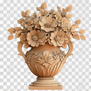 PNG IMAGE, 3D ILLUSION, WOOD CARVING, ENGRAVED, MONOTONE, MONOTRACE, FRONT VIEW,vase of flowers , CRICUT DESIGN , WOOD TONE COLOR, HIGH DETAIL, DISNEY STYLE,