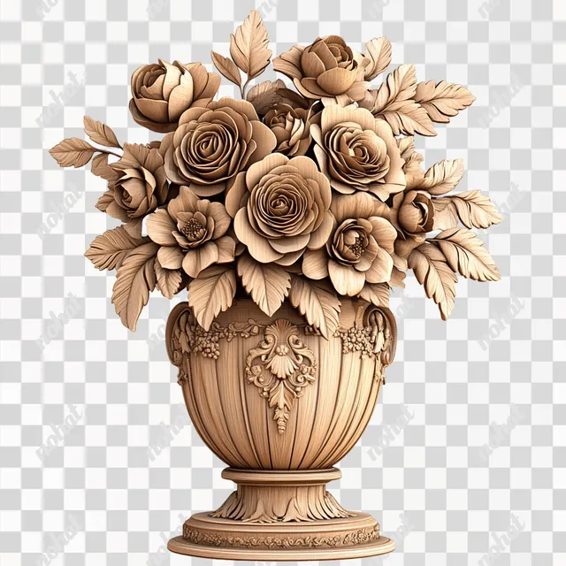 PNG Vase of Flowers on Table in Wood Tone, 3D Illusion Engraved Design