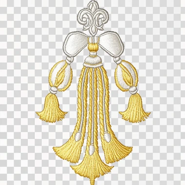 An embroidery design of the Proven?al tassel, with a white background and yellow and silver threads, features a white ribbon with gold accents at its end and tassels in different sizes. The overall look is very elegant and sophisticated. It would be great for adding an extra touch to embroidered designs or as clip art. You can use these images in various projects where you need them, such as digital artwork or printed materials. This pattern should bring your project to life! in Picasso and Matiss style