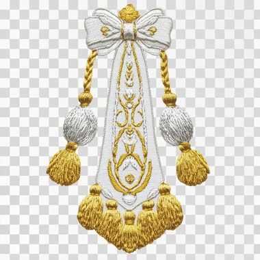 An embroidery design of the Proven?al tassel, with a white background and yellow and silver threads, features a white ribbon with gold accents at its end and tassels in different sizes. The overall look is very elegant and sophisticated. It would be great for adding an extra touch to embroidered designs or as clip art. You can use these images in various projects where you need them, such as digital artwork or printed materials. This pattern should bring your project to life! in Picasso and Matiss style