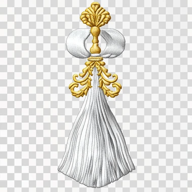 An embroidery design of the Proven?al tassel, with a white background and yellow and silver threads, features a white ribbon with gold accents at its end and tassels in different sizes. The overall look is very elegant and sophisticated. It would be great for adding an extra touch to embroidered designs or as clip art. You can use these images in various projects where you need them, such as digital artwork or printed materials. This pattern should bring your project to life! in Picasso and Matiss style