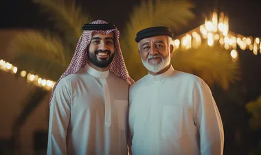 Saudi Arabian man, 25, and his 50-year-old father standing in Ramadan background, full body photo   --s 50