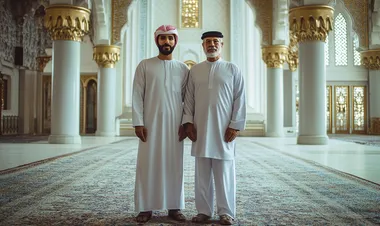 Saudi Arabian man, 25, and his 50-year-old father standing in Ramadan background, full body photo   --s 50