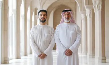 Saudi Arabian man, 25, and his 50-year-old father standing in Ramadan background, full body photo   --s 50