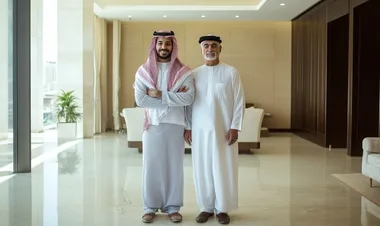 Saudi Arabian man, 25, and his 50-year-old father standing in Ramadan background, full body photo   --s 50