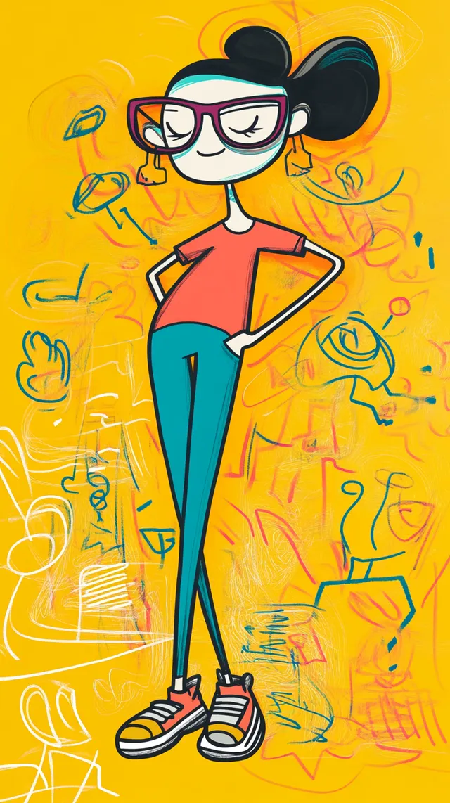 Cartoon illustration of a woman with glasses in a minimalist style