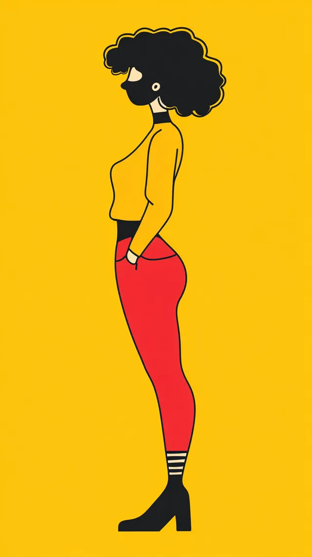 Cartoon girl in yellow shirt and red pants, minimalist doodle art