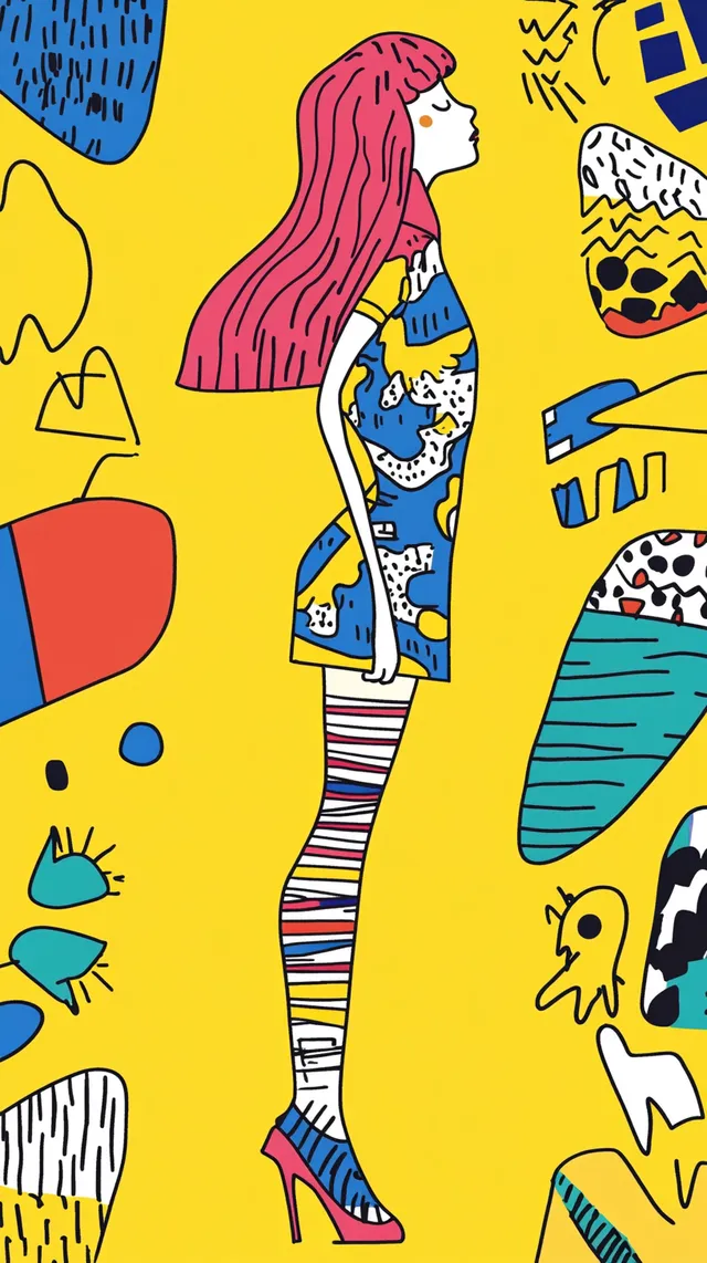 Cartoon girl illustration in front of yellow background, minimalist style