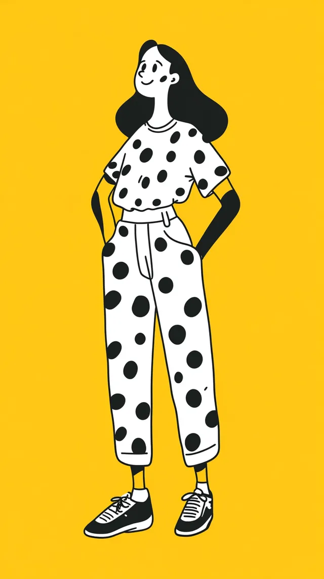 Cartoon illustration of a woman in polka dot shirt and pants, minimalist style
