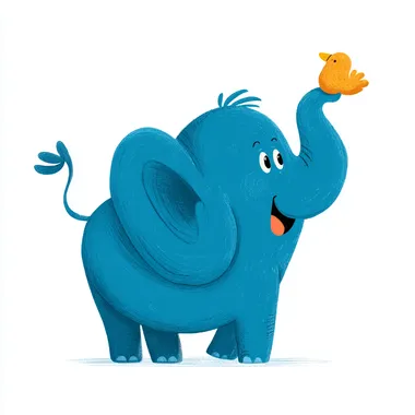 very cute blue coloured elephant with his head turned, holding a chicken nugget in his snout, laughing, gumball illustration style, flat 2d cartoon, on white background