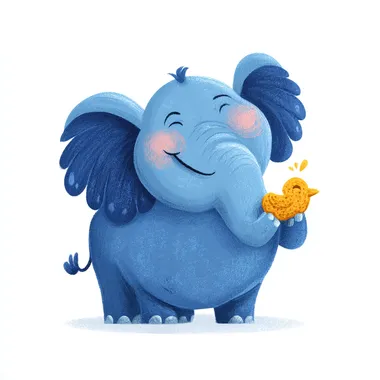 very cute blue coloured elephant with his head turned, holding a chicken nugget in his snout, laughing, gumball illustration style, flat 2d cartoon, on white background
