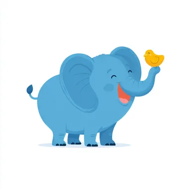 very cute blue coloured elephant with his head turned, holding a chicken nugget in his snout, laughing, gumball illustration style, flat 2d cartoon, on white background
