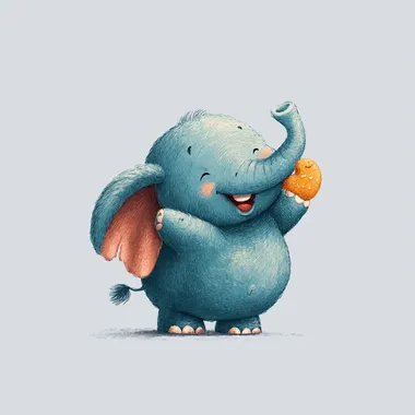 very cute blue coloured elephant with his head turned, holding a chicken nugget in his snout, laughing, gumball illustration style, flat 2d cartoon, on white background