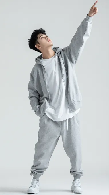 A Chinese male model, leaning sideways, looking up, standing on a white background, raising one arm, pointing upwards, wearing grey home clothes