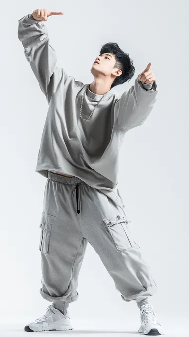 A Chinese male model, leaning sideways, looking up, standing on a white background, raising one arm, pointing upwards, wearing grey home clothes