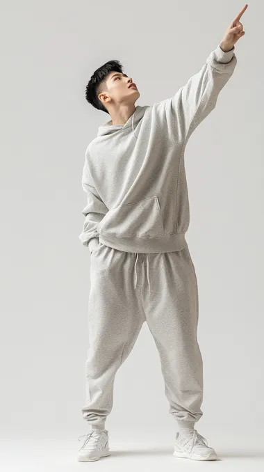 A Chinese male model, leaning sideways, looking up, standing on a white background, raising one arm, pointing upwards, wearing grey home clothes