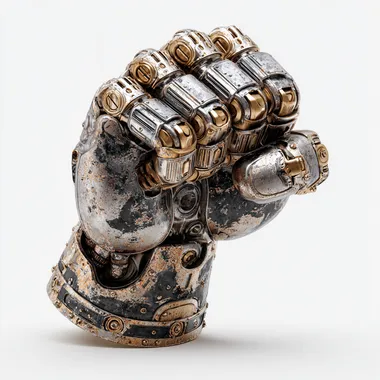 reinforced titanium cybernetic fist displayed on a white background, mechanical hand augmentations with visible pistons and alloy plating, built for enhanced melee combat, rugged and brutal design, industrial and street-fighter aesthetic, scratches and wear, realistic photo with product lighting  --raw
