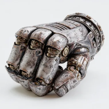 reinforced titanium cybernetic fist displayed on a white background, mechanical hand augmentations with visible pistons and alloy plating, built for enhanced melee combat, rugged and brutal design, industrial and street-fighter aesthetic, scratches and wear, realistic photo with product lighting  --raw