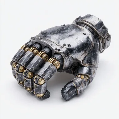 reinforced titanium cybernetic fist displayed on a white background, mechanical hand augmentations with visible pistons and alloy plating, built for enhanced melee combat, rugged and brutal design, industrial and street-fighter aesthetic, scratches and wear, realistic photo with product lighting  --raw