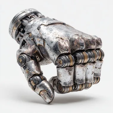 reinforced titanium cybernetic fist displayed on a white background, mechanical hand augmentations with visible pistons and alloy plating, built for enhanced melee combat, rugged and brutal design, industrial and street-fighter aesthetic, scratches and wear, realistic photo with product lighting  --raw