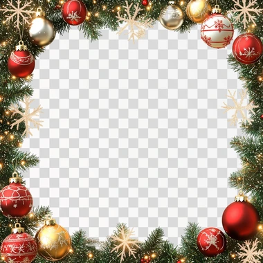 hyper realism Christmas style frame template. Christmas ornaments on garland with snowflakes with a large Empty large white space, hyper realism style  text fonts letters watermark words typography slogans signature people - - chaos 80 - - weird 40 - - s 100 - - ar 4:3 - - v 5.2 - - v 6.1