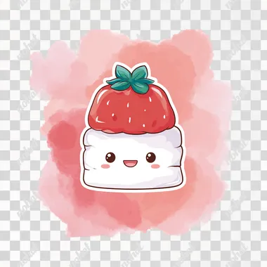 kawaii chibi strawberry shortcake icon, game asset, flat vector style with pastel watercolor highlights, rich red and white color palette, clean line art, transparent background  --s 50  d1geqv6