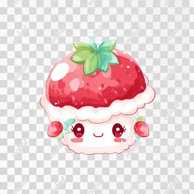 kawaii chibi strawberry shortcake icon, game asset, flat vector style with pastel watercolor highlights, rich red and white color palette, clean line art, transparent background  --s 50  d1geqv6