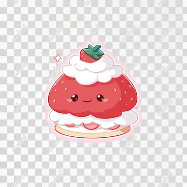 kawaii chibi strawberry shortcake icon, game asset, flat vector style with pastel watercolor highlights, rich red and white color palette, clean line art, transparent background  --s 50  d1geqv6