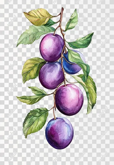 Exquisite hand drawn plum, fruit plum, white background, bright colors, with leaves