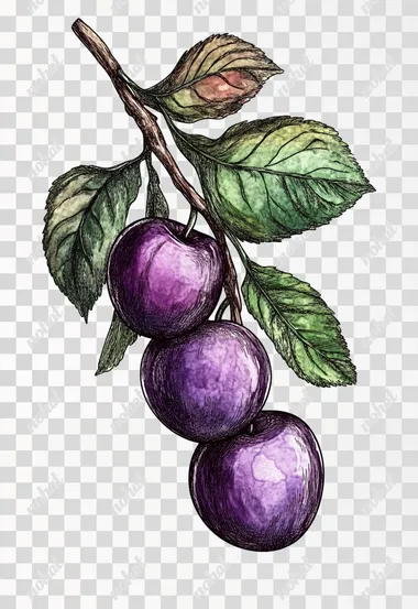 Exquisite hand drawn plum, fruit plum, white background, bright colors, with leaves