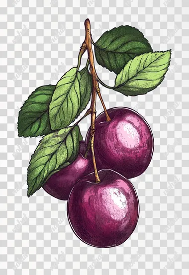Exquisite hand drawn plum, fruit plum, white background, bright colors, with leaves