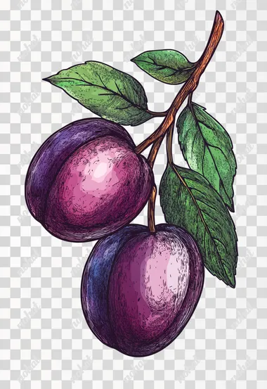 Exquisite hand drawn plum, fruit plum, white background, bright colors, with leaves