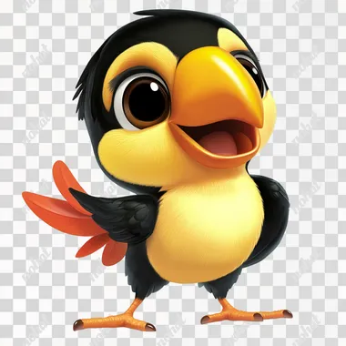 disney style, vector style, 3D style, funny baby tucan, colourful, whole body, adorable, nice, sweet, cuties, nice almond shaped smooth skin, looking straight ahead, in the move, smiling friendly, white background, raw style--ar25:32