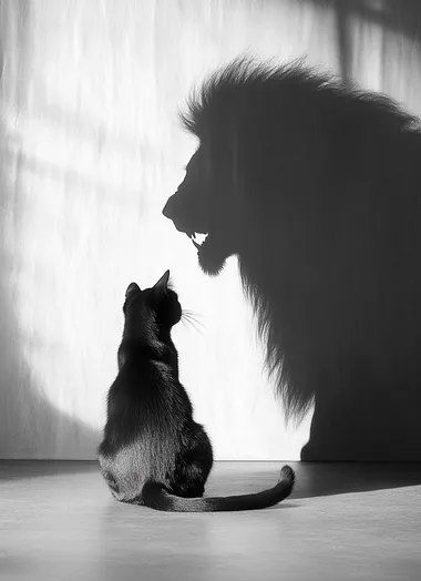 A black cat sits on the floor, facing away from us and looking at its shadow, which is cast by an enormous lion in profile. The cat's tail sways behind it as if moving, creating a surreal, monochrome photographic effect. This appears to be a studio photography piece, with a photo-realistic style.