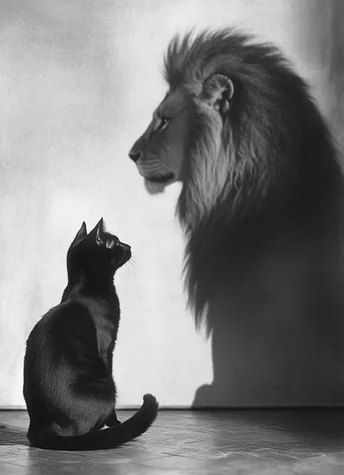 A black cat sits on the floor, facing away from us and looking at its shadow, which is cast by an enormous lion in profile. The cat's tail sways behind it as if moving, creating a surreal, monochrome photographic effect. This appears to be a studio photography piece, with a photo-realistic style.