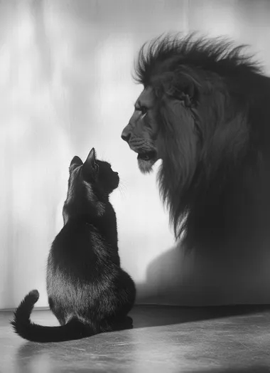 A black cat sits on the floor, facing away from us and looking at its shadow, which is cast by an enormous lion in profile. The cat's tail sways behind it as if moving, creating a surreal, monochrome photographic effect. This appears to be a studio photography piece, with a photo-realistic style.