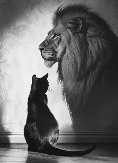 A black cat sits on the floor, facing away from us and looking at its shadow, which is cast by an enormous lion in profile. The cat's tail sways behind it as if moving, creating a surreal, monochrome photographic effect. This appears to be a studio photography piece, with a photo-realistic style.