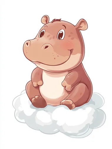 a baby pygmy hippo by the name boo deng, sit on cloud, kawai style, white background.