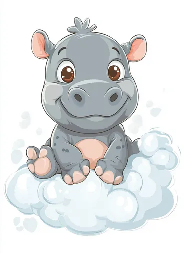 a baby pygmy hippo by the name boo deng, sit on cloud, kawai style, white background.