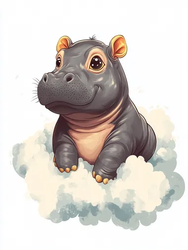 a baby pygmy hippo by the name boo deng, sit on cloud, kawai style, white background.